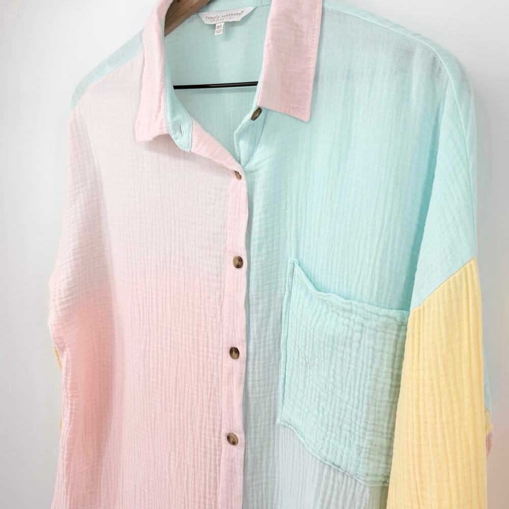 Simply Southern Pastel Colorblock Button Down Shirt 100% Cotton Size M/L Preppy - Picture 7 of 13